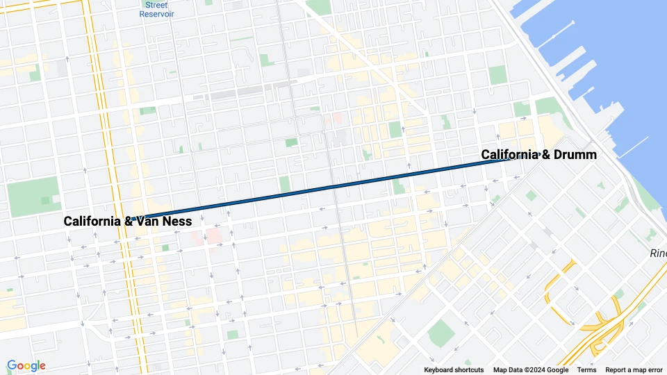 San Francisco kabelbane California: California & Van Ness - California & Drumm linjekort