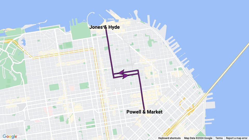 San Francisco kabelbane Powell-Hyde: Powell & Market - Jones & Hyde linjekort