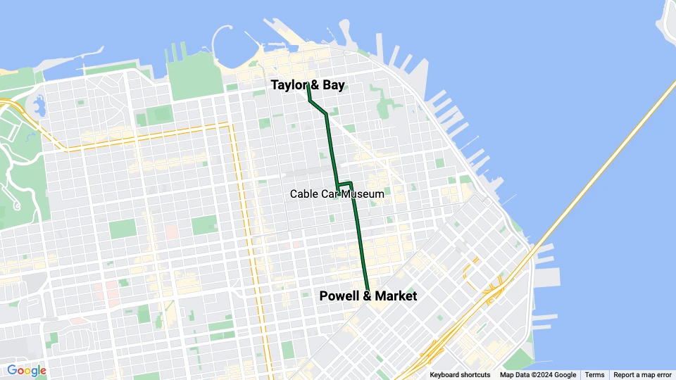 San Francisco kabelbane Powell-Mason: Taylor & Bay - Powell & Market linjekort