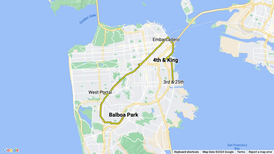 San Francisco lejlighedslinje S Shuttle linjekort