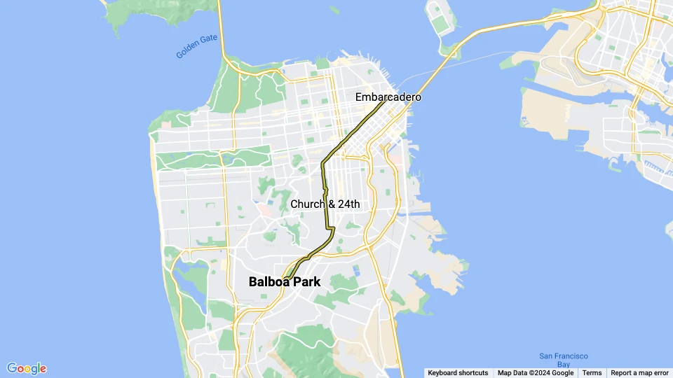San Francisco sporvognslinje J Church: Embarcadero - Balboa Park BART linjekort