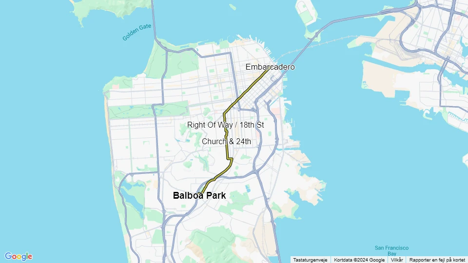 San Francisco sporvognslinje J Church: Embarcadero - Balboa Park linjekort