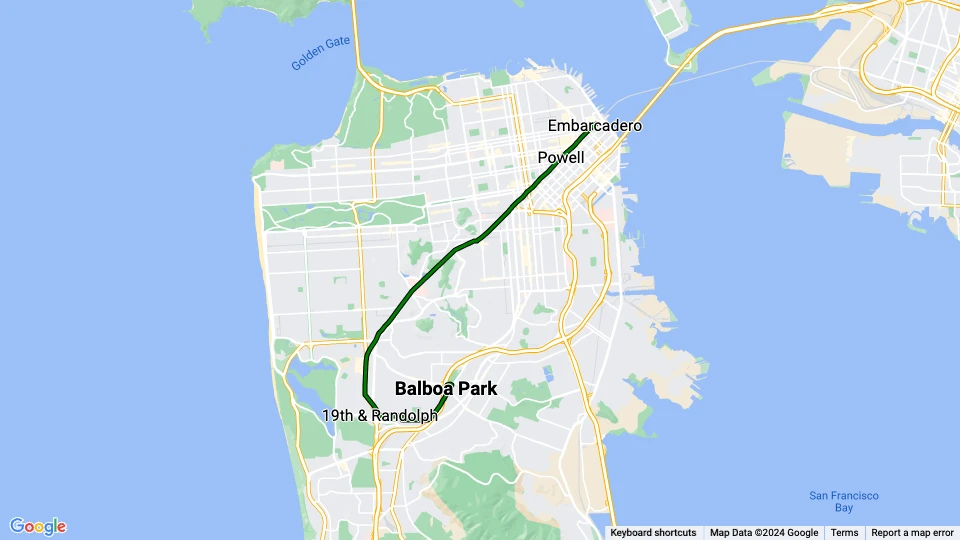 San Francisco sporvognslinje M Ocean View linjekort