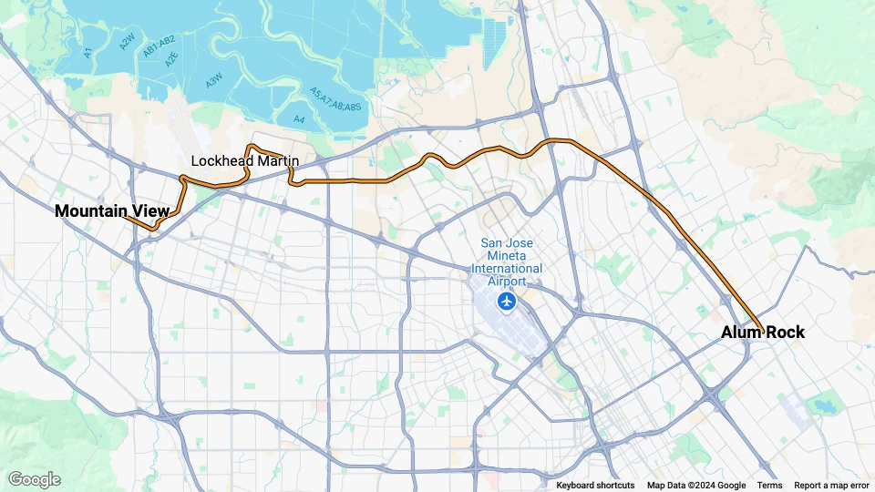 San Jose Orange Linje (900): Mountain View - Alum Rock linjekort