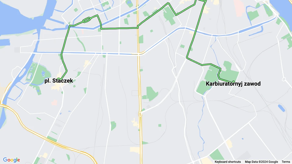 Sankt Petersborg sporvognslinje 16: pl. Staczek - Karbiuratornyj zawod linjekort
