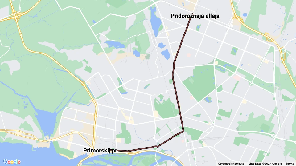 Sankt Petersborg sporvognslinje 21: Primorskij pr. - Pridorożnaja alleja linjekort