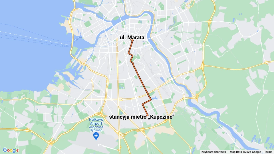Sankt Petersborg sporvognslinje 25: stancyja mietro „Kupczino” - ul. Marata linjekort