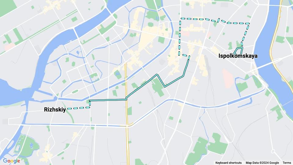Sankt Petersborg sporvognslinje 28: Ispolkomskaya - Rizhskiy linjekort