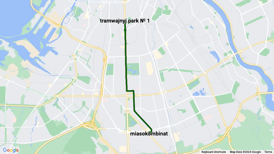 Sankt Petersborg sporvognslinje 29: tramwajnyj park № 1 - miasokombinat linjekort