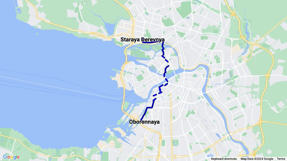 Sankt Petersborg sporvognslinje 31: Staraya Derevnya - Oboronnaya linjekort