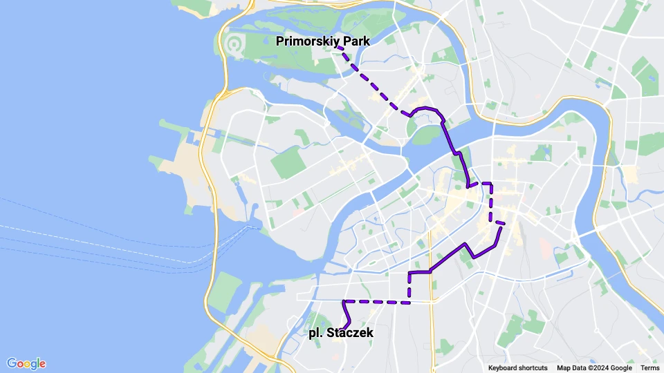 Sankt Petersborg sporvognslinje 34: pl. Staczek - Primorskiy Park linjekort