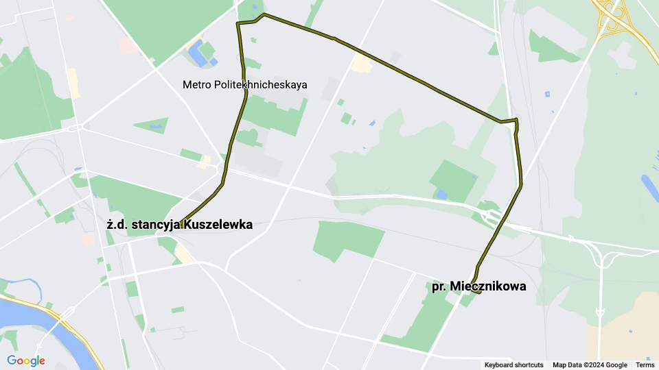 Sankt Petersborg sporvognslinje 38: ż.d. stancyja Kuszelewka - pr. Miecznikowa linjekort
