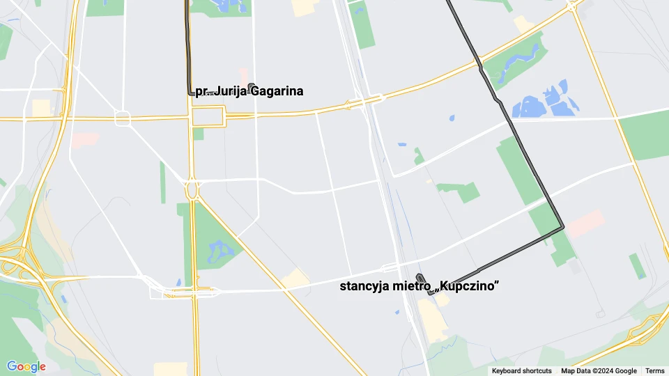 Sankt Petersborg sporvognslinje 45: stancyja mietro „Kupczino” - pr. Jurija Gagarina linjekort