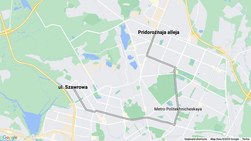 Sankt Petersborg sporvognslinje 55: Pridorożnaja alleja - ul. Szawrowa linjekort