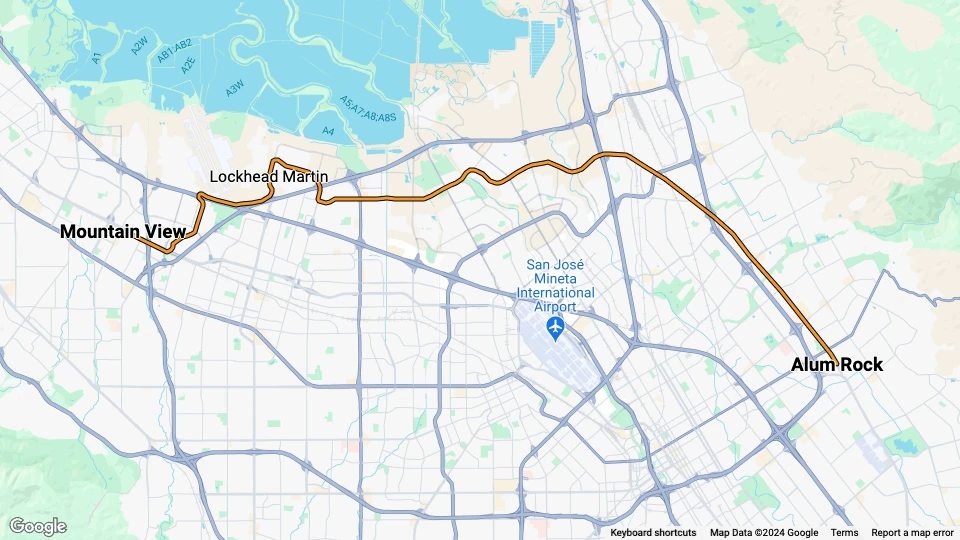 Santa Clara Orange Line (900): Mountain View - Alum Rock linjekort