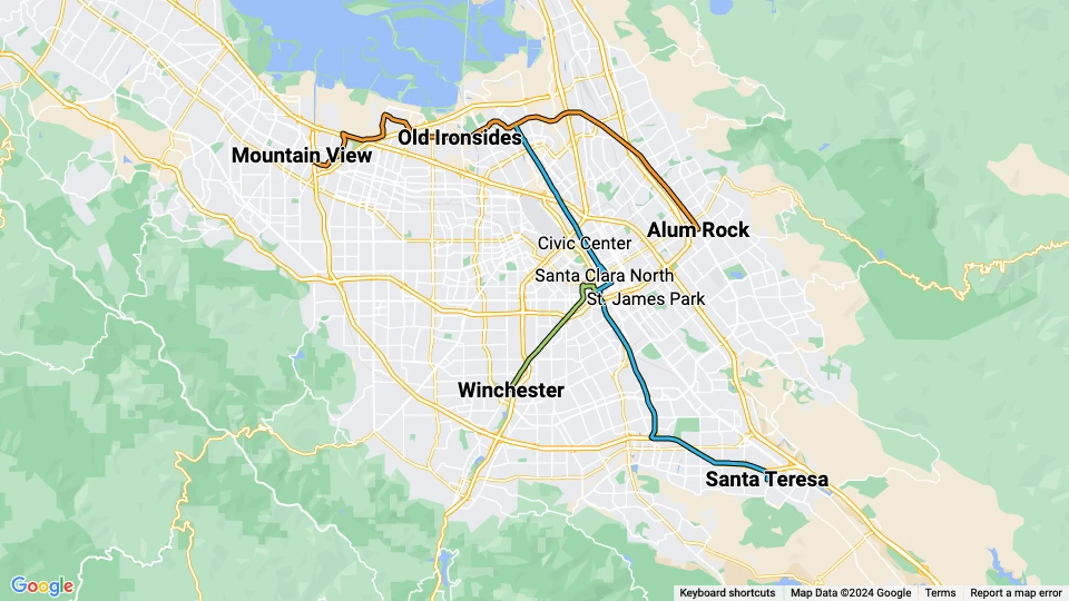 Santa Clara Valley Transportation Authority light rail (VTA) linjekort