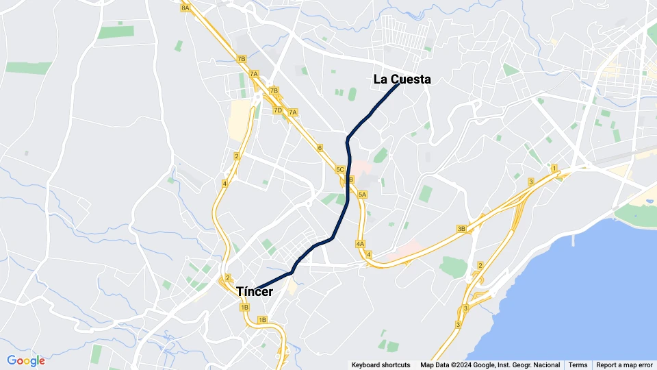 Santa Cruz de Tenerife sporvognslinje 2: La Cuesta - Tíncer linjekort