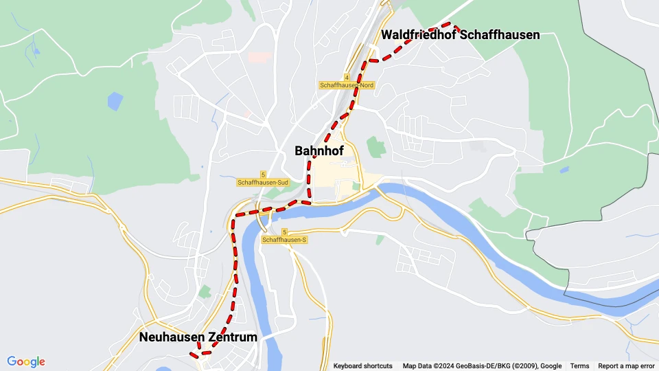 Schaffhausen sporvognslinje 1: Neuhausen Zentrum - Waldfriedhof Schaffhausen linjekort
