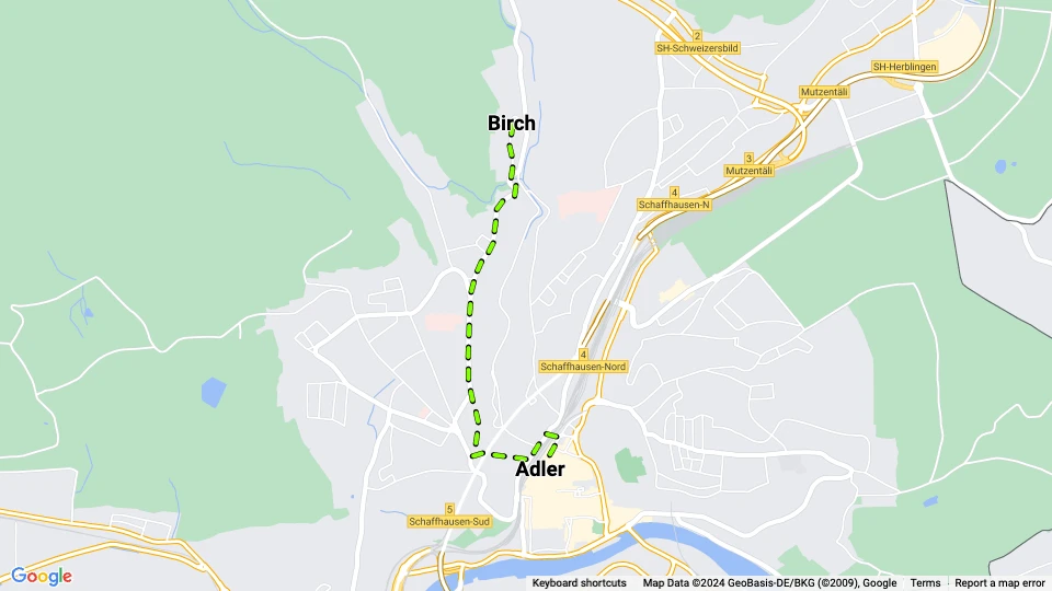 Schaffhausen sporvognslinje 2: Birch - Adler linjekort