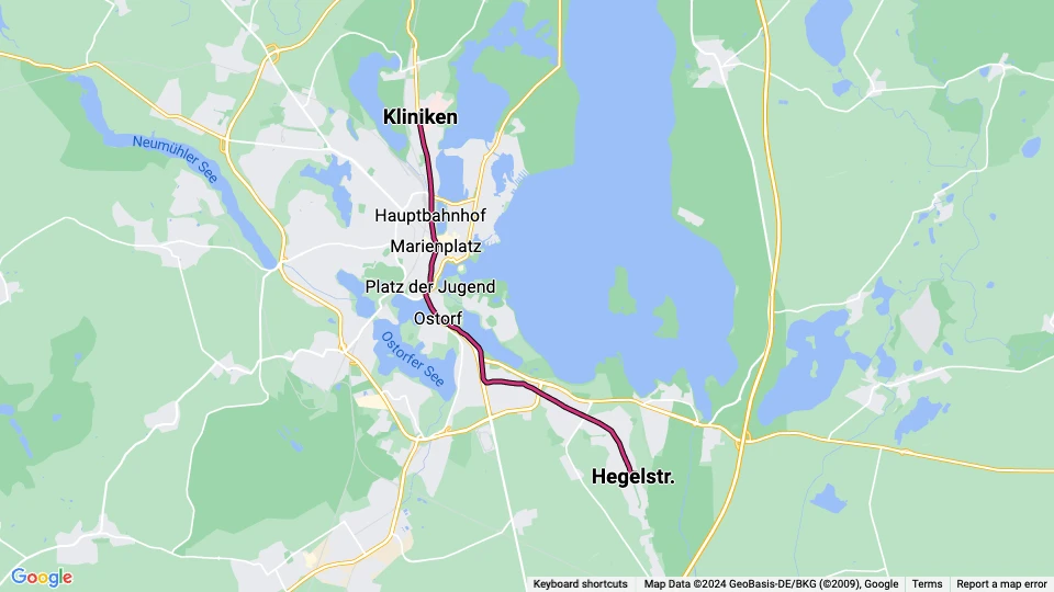 Schwerin sporvognslinje 1: Kliniken - Hegelstr. linjekort