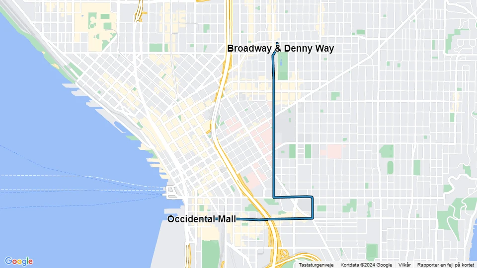 Seattle First Hill Streetcar: Broadway & Denny Way - Occidental Mall linjekort