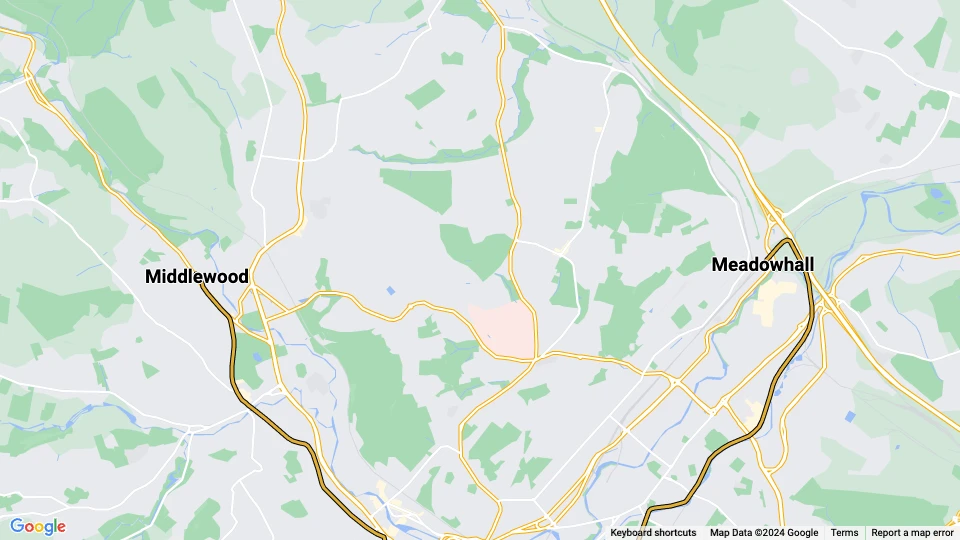 Sheffield Gule Linje: Middlewood - Meadowhall linjekort