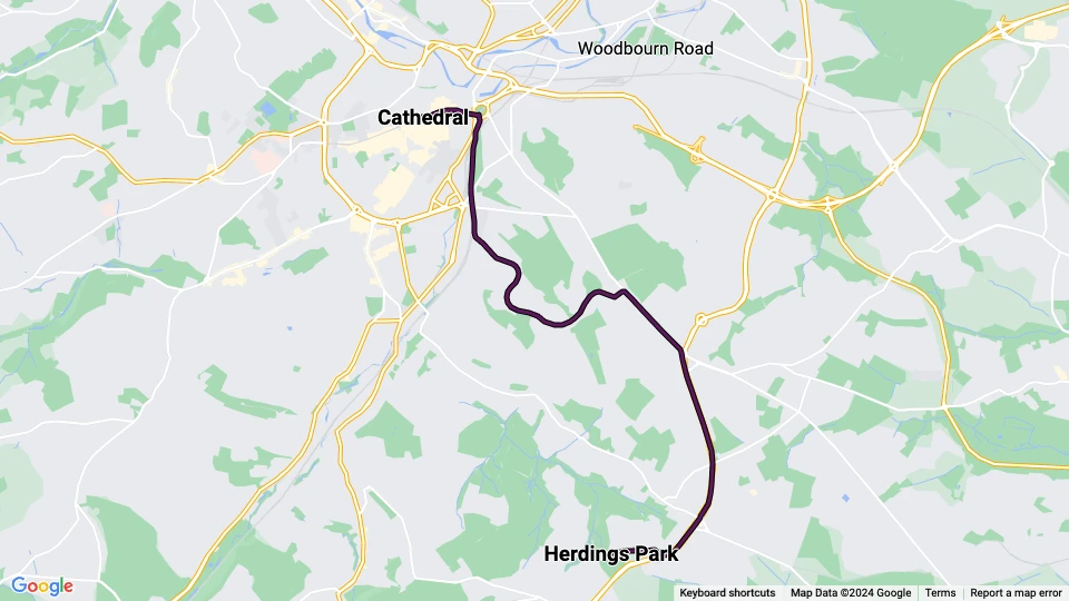 Sheffield Lilla Linje: Herdings Park - Cathedral linjekort