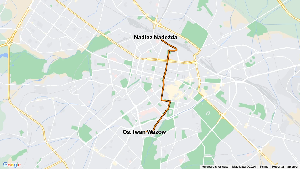 Sofia sporvognslinje 1: Nadlez Nadeżda - Os. Iwan Wazow linjekort