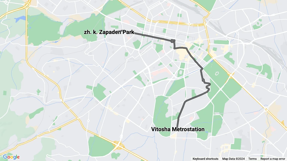 Sofia sporvognslinje 10: zh. k. Zapaden Park - Vitosha Metrostation linjekort