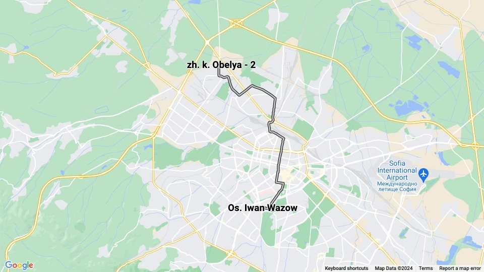Sofia sporvognslinje 6: Os. Iwan Wazow - zh. k. Obelya - 2 linjekort