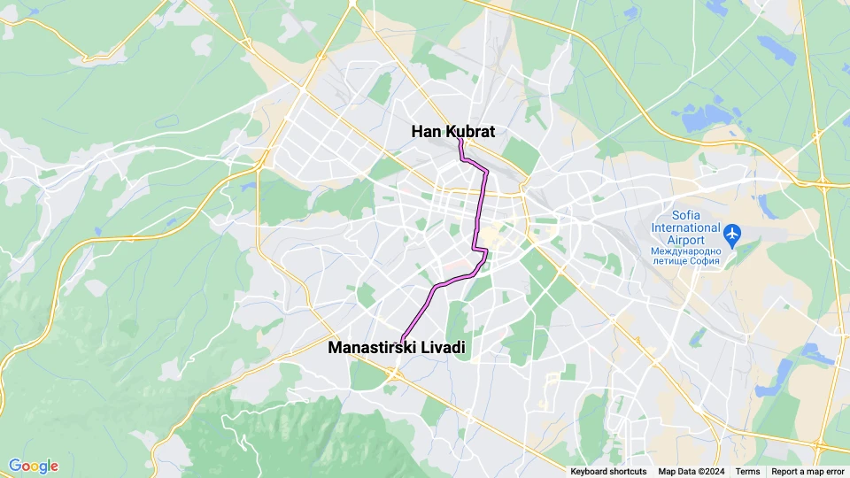 Sofia sporvognslinje 7: Han Kubrat - Manastirski Livadi linjekort