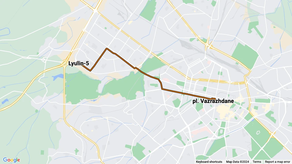 Sofia sporvognslinje 8: pl. Vazrazhdane - Lyulin-5 linjekort