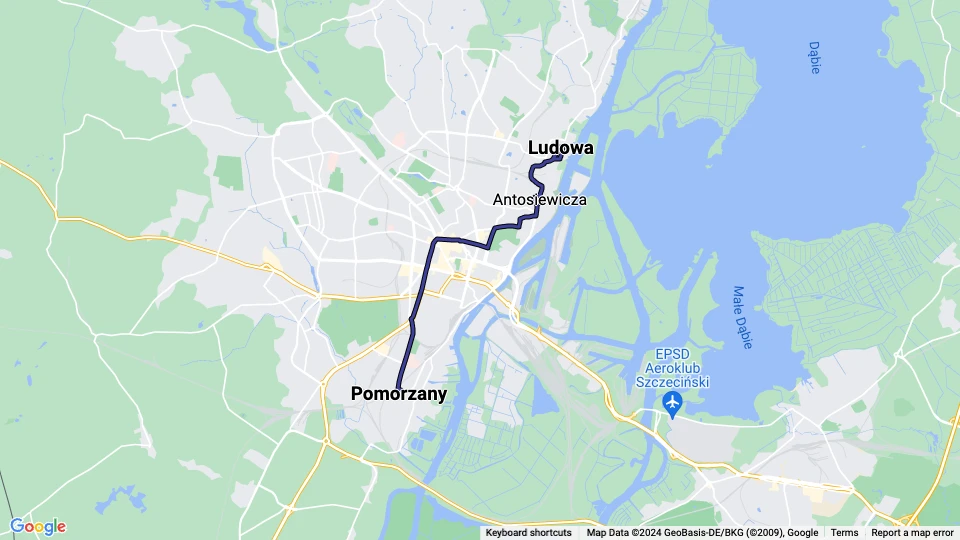 Stettin sporvognslinje 11: Pomorzany - Ludowa linjekort