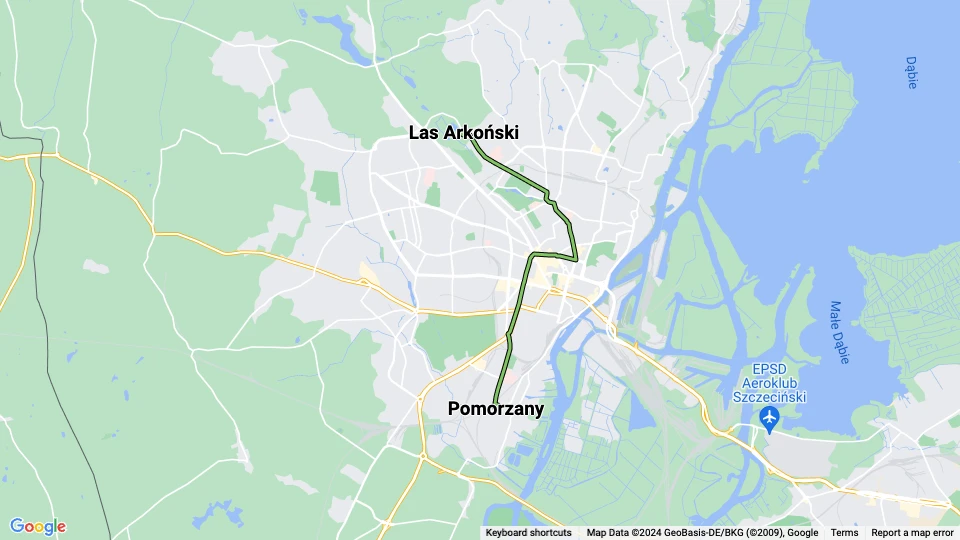 Stettin sporvognslinje 12: Las Arkoński - Pomorzany linjekort