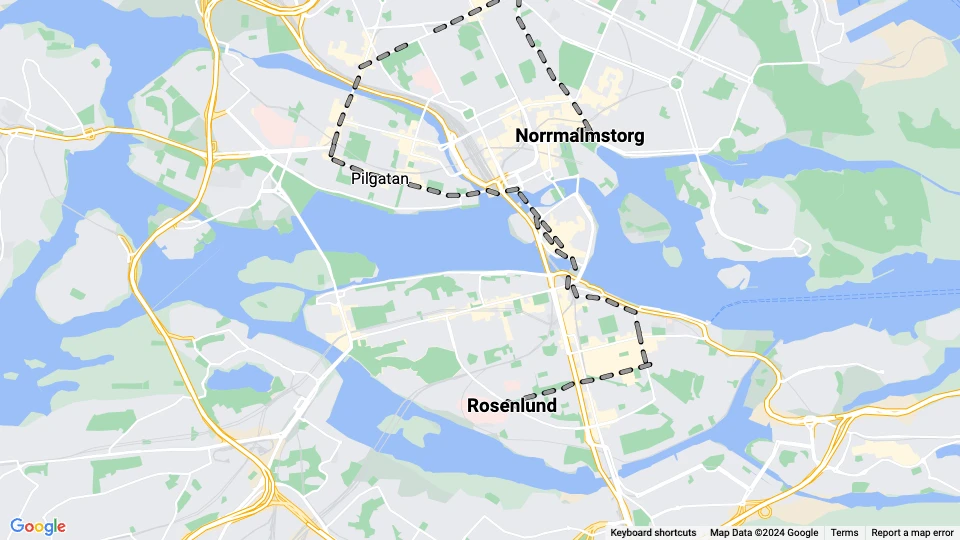 Stockholm sporvognslinje 1: Norrmalmstorg - Rosenlund linjekort