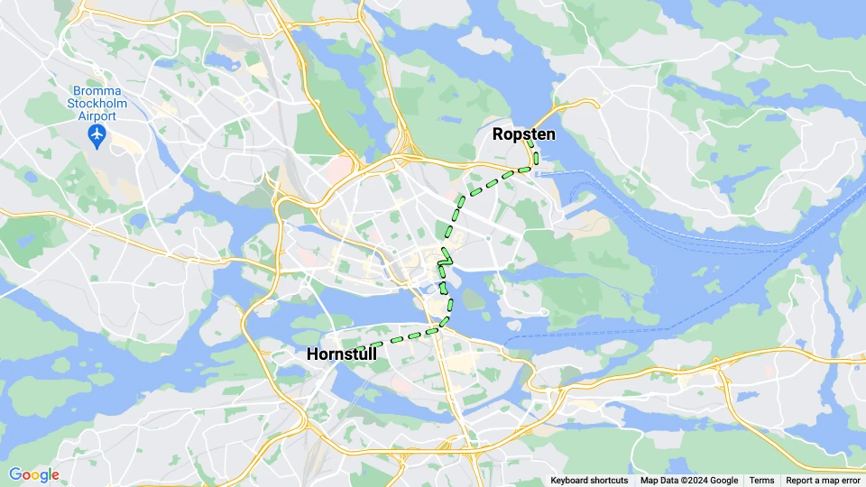 Stockholm sporvognslinje 10: Ropsten - Hornstull linjekort