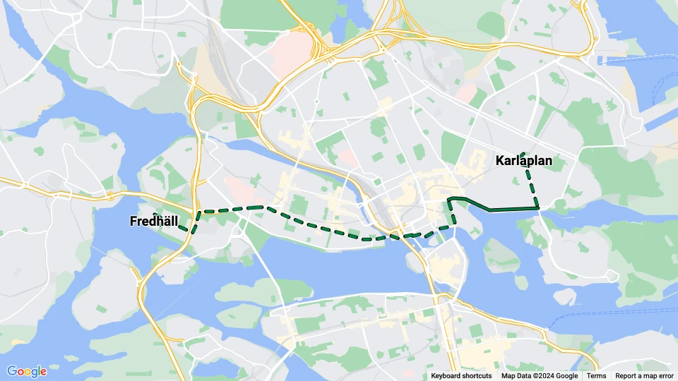 Stockholm sporvognslinje 2: Fredhäll - Karlaplan linjekort