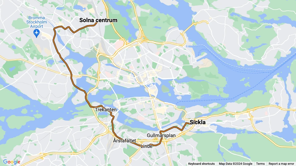 Stockholm sporvognslinje 30 Tvärbanan: Solna centrum - Sickla linjekort