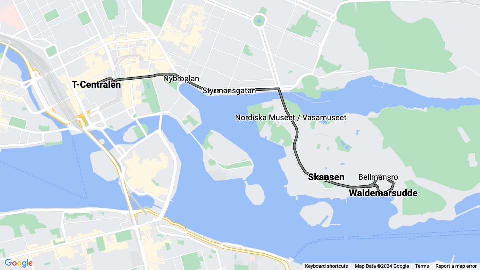 Stockholm sporvognslinje 7S Spårväg City: T-Centralen - Waldemarsudde linjekort
