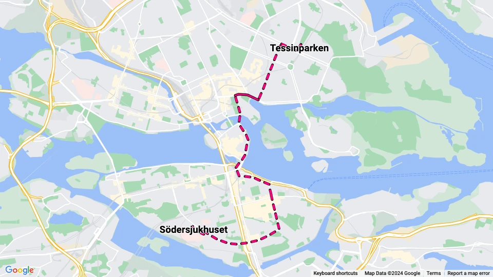 Stockholm sporvognslinje 8: Södersjukhuset - Tessinparken linjekort