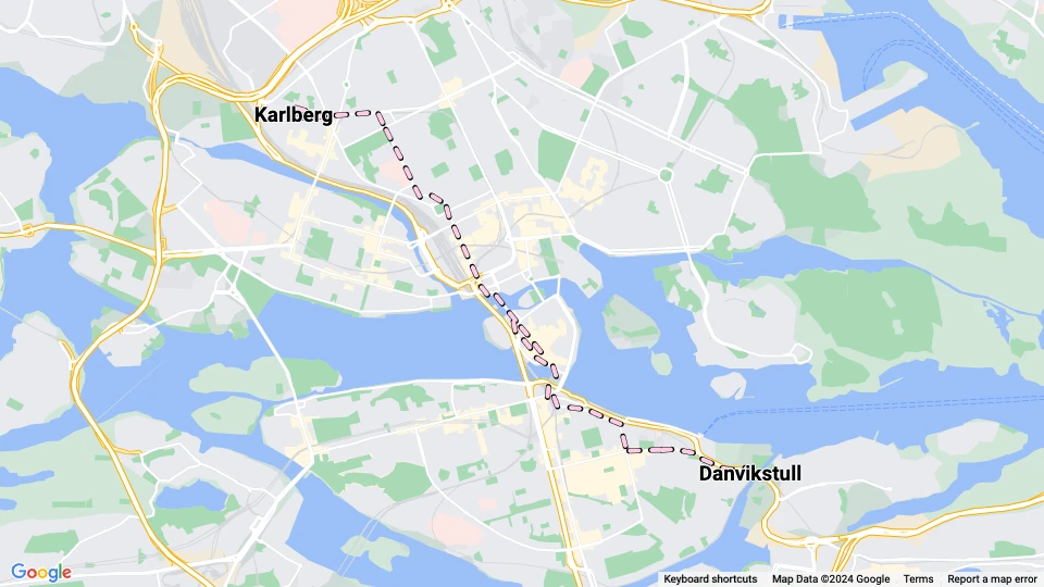 Stockholm sporvognslinje 9: Karlberg - Danvikstull linjekort