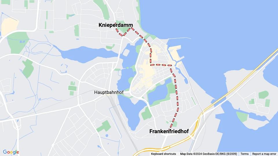 Stralsund sporvognslinje 1: Knieperdamm - Frankenfriedhof linjekort