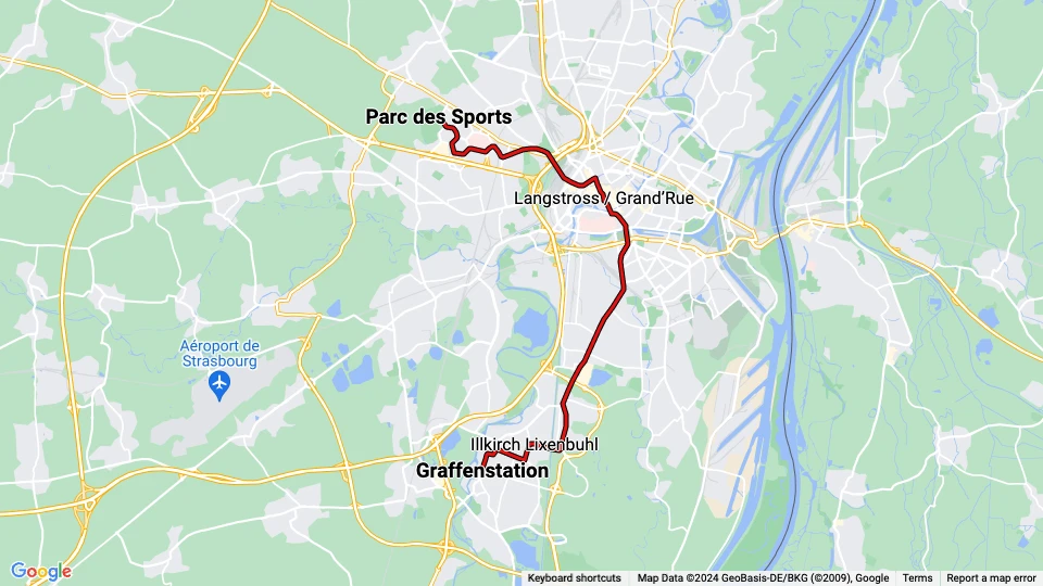 Strasbourg sporvognslinje A: Parc des Sports - Graffenstation linjekort