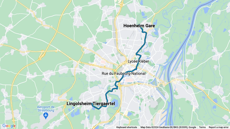 Strasbourg sporvognslinje B: Hoenheim Gare - Lingolsheim Tiergaertel linjekort