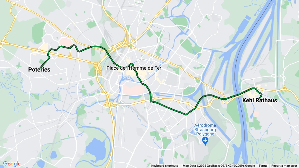 Strasbourg sporvognslinje D: Poteries - Kehl Rathaus linjekort