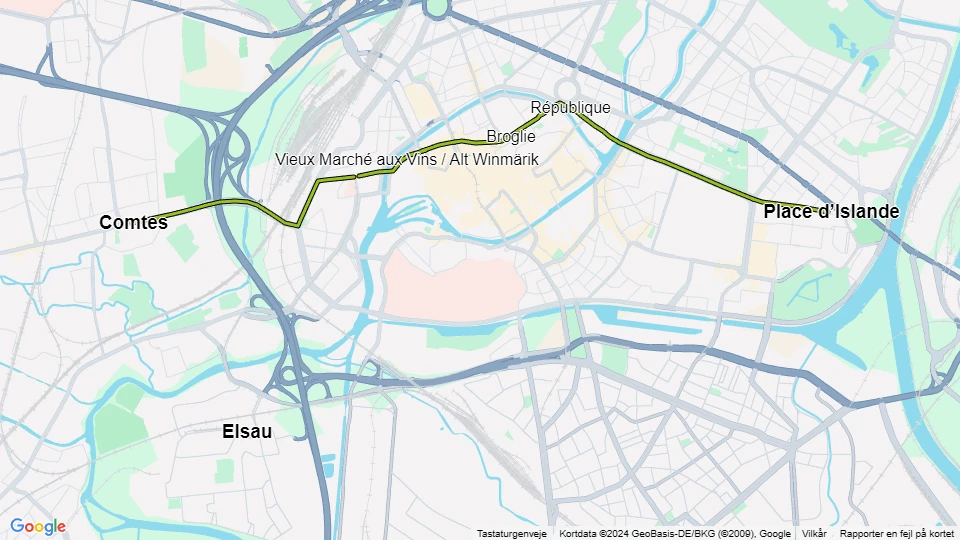 Strasbourg sporvognslinje F: Comtes - Place d'Islande linjekort