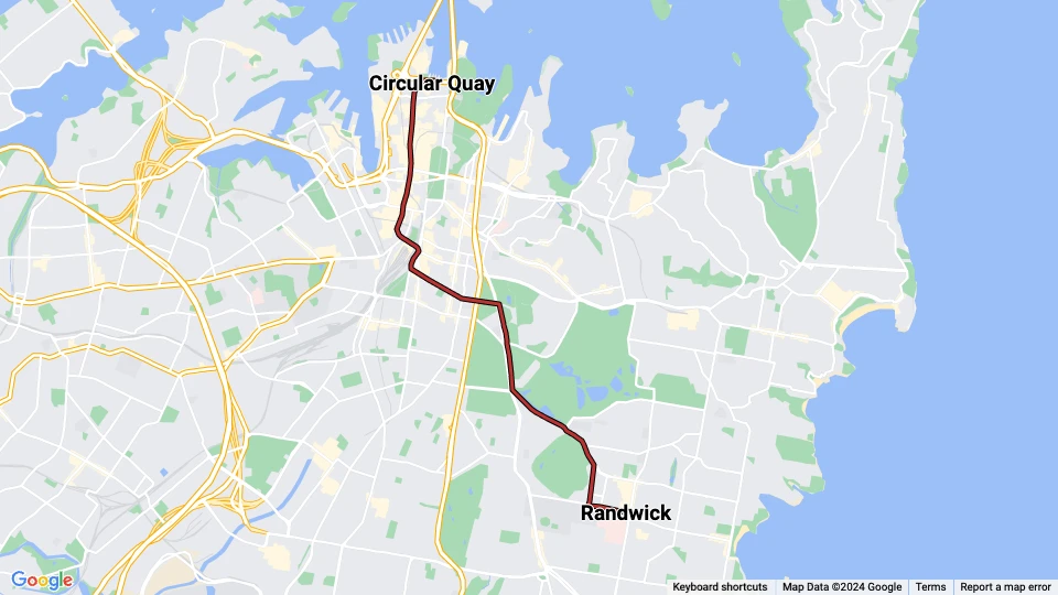 Sydney letbanelinje L2: Circular Quay - Randwick linjekort
