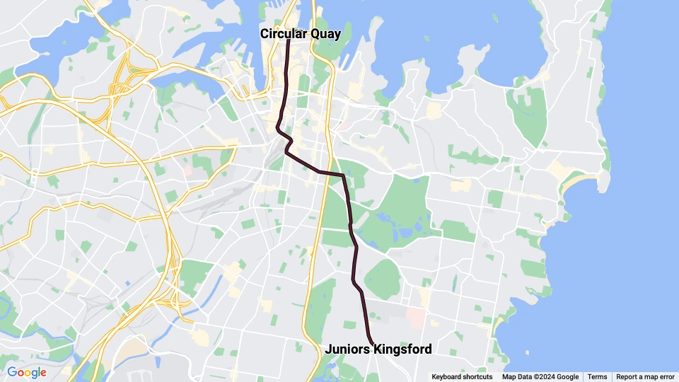 Sydney letbanelinje L3: Circular Quay - Juniors Kingsford linjekort
