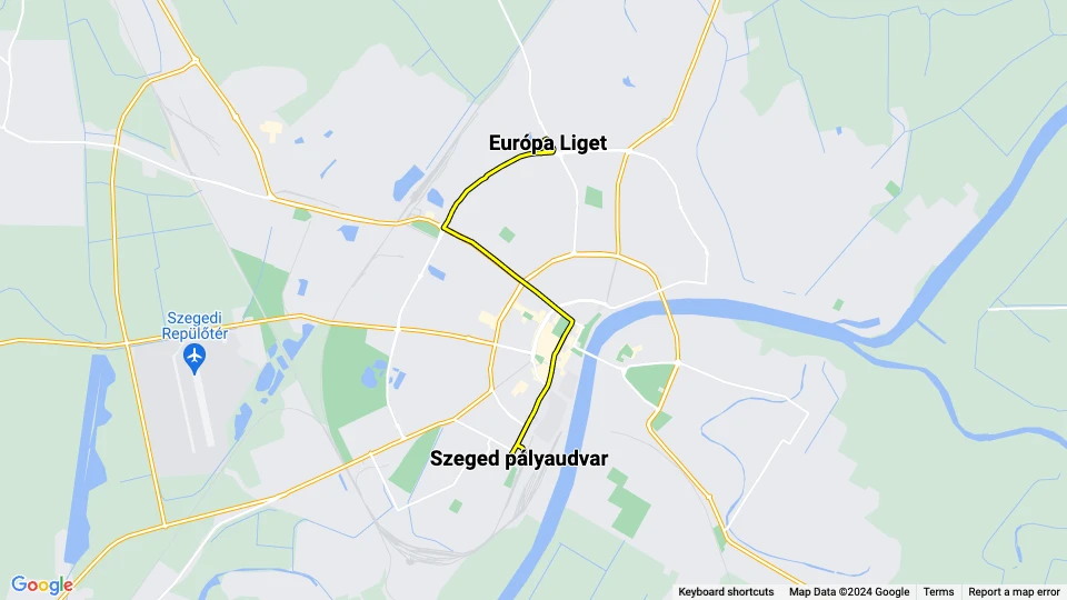 Szeged sporvognslinje 2: Szeged pályaudvar - Európa Liget linjekort