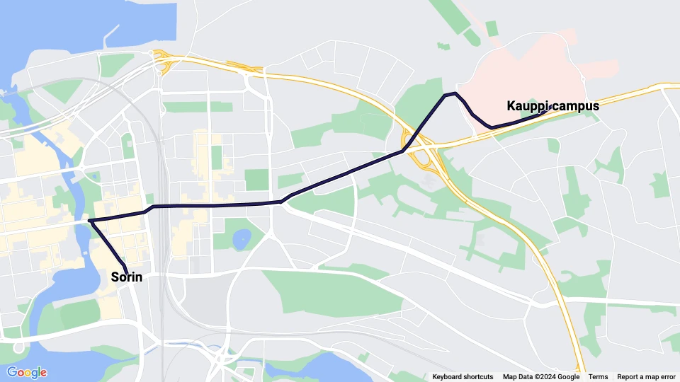 Tampere sporvognslinje 1: Sorin - Kauppi campus linjekort